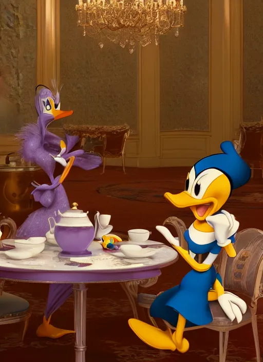 Image similar to cinderalla and donald duck having tea at the ritz, octane render, cinematic, elegant, intricate, 8 k