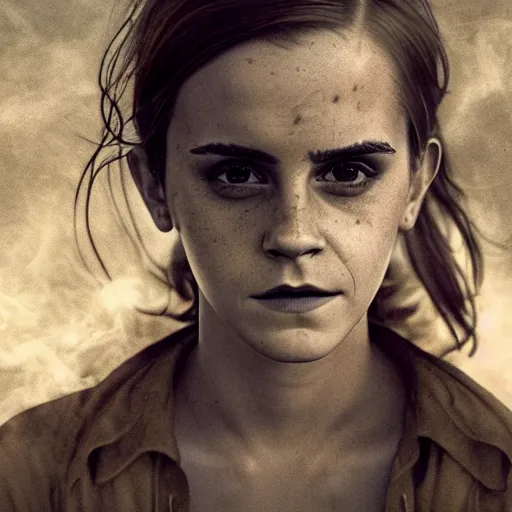 Prompt: a photo of a psychotic Emma watson emerging through smoke in a FEMA emergency camp, extreme terror, frightening, fear, dread, discontent, in the style of Antony gormly and Simon stalenhag and Steve mccurry, photorealistic, 4k, 8k, 16k, highly detailed, very intricate, facing camera, one person only,evil, rule of thirds, insanely detailed and intricate, hypermaximalist, elegant, ornate, hyper realistic, super detailed