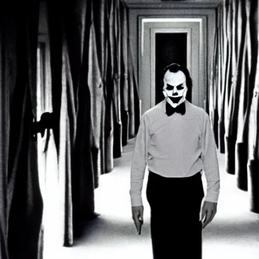 Prompt: jack torrance as the joker in the shining, standing at end of long hall, widescreen shot, anamorphic film, screenshot by stanley kubrick