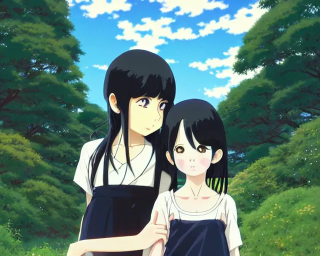 Image similar to beautiful anime girl with long black hair and bangs, beautiful anime guy with black hair, wearing black clothes, siblings, fine details portrait, japense village in background, bokeh. anime masterpiece by Studio Ghibli. illustration, sharp high-quality anime illustration in style of Ghibli, Ilya Kuvshinov, Artgerm