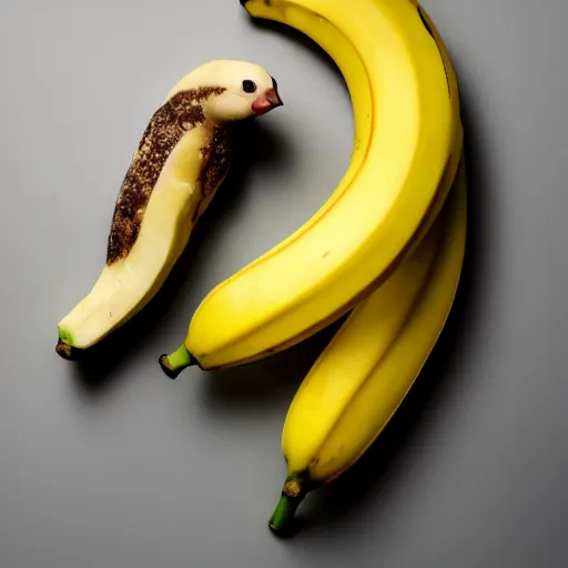 Image similar to Professional photograph of a peeled banana with small dot eyes and a duck beak. A banana duck. Banana that looks like a duck.