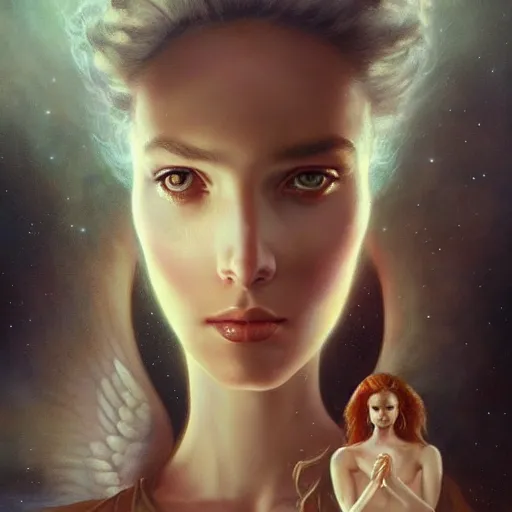 Image similar to a beautiful portrait of a celestial goddess by Jim Burns and Tom Bagshaw, Trending on Artstation