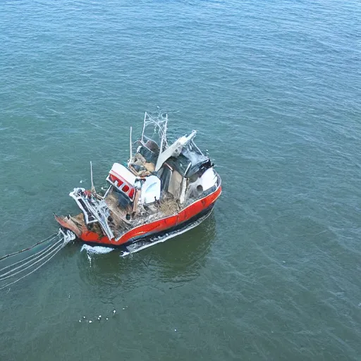 Image similar to realistic aerial drone shot of British scalloper scallop dredger