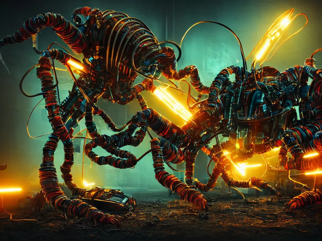 Image similar to A frightening gigantic evil robot scorpion devouring books with pipes and tubes and wires, hyperealistic very colourful hdr cinematic lighting cgi render photorealistic cinematic octane render