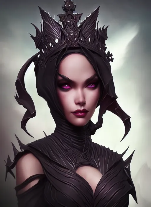 Image similar to queen of darkness, highly detailed, artgerm style, artstation, soft light, sharp focus, illustration, character design, concept art