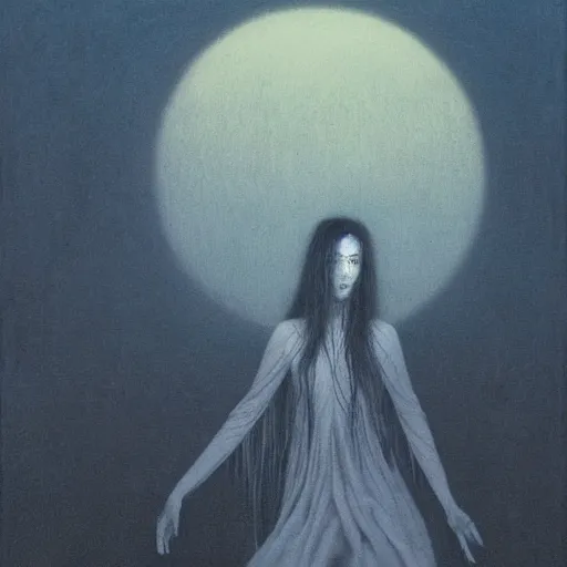 Image similar to majestic pale vampire princess with very long black hairs at moon night, by Beksinski