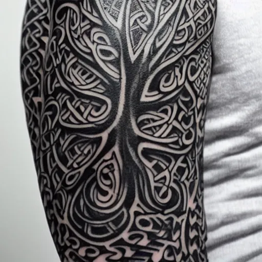 Prompt: photograph of a sleeve tattoo, black ink, intricate celtic pattern with tree of life, highly-detailed, beautiful, award winning, 8k
