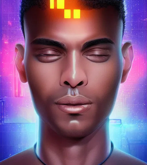 Image similar to symmetry!! egyptian prince of technology, solid cube of light, hard edges, product render retro - futuristic poster scifi, lasers and neon circuits, brown skin man egyptian prince, intricate, elegant, highly detailed, digital painting, artstation, concept art, smooth, sharp focus, illustration, dreamlike, art by artgerm