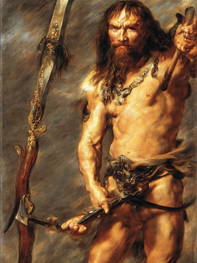 Prompt: a full figure portrait of Conan the barbarian holding a sword, oil painting by Peter Paul Rubens, hd, sharp focus,