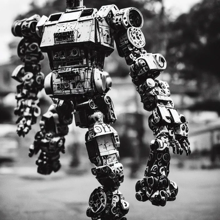 Prompt: an analogue photo of a Tribal Igbo mecha robot, black & white, 35mm, f/1.4,