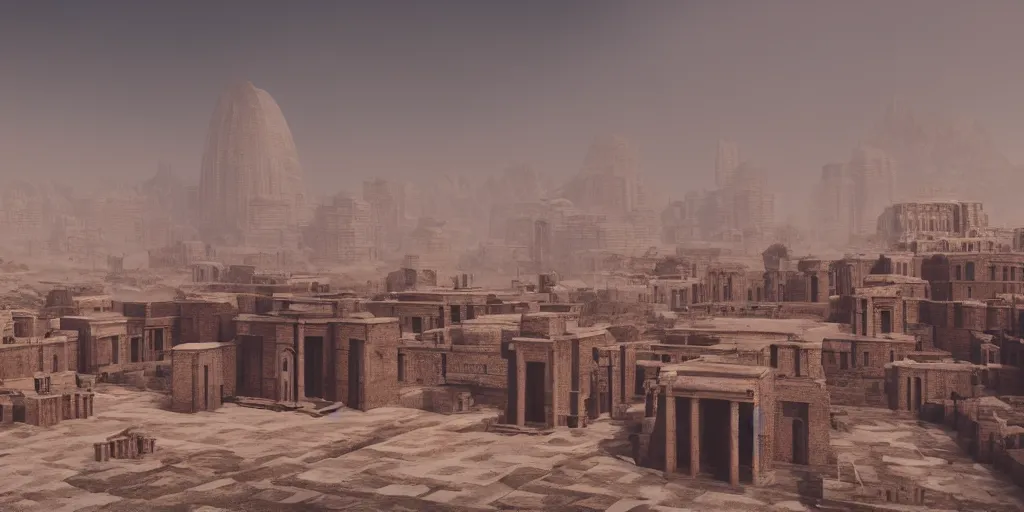 Image similar to ancient urban city view, building, desert, temple, cinematic composition, mist, obscure render light dark