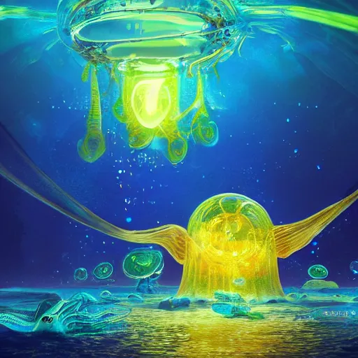 Prompt: a beautiful world of glowing creatures inside sea , a sank ship having blue ,yellow , green light glowing, realistic, hyper real , hyperdetailed , water bubble, school of fish, artstation, golden ratio, digital painting,jelly fish, illustration, rule of thirds, hd , 8k,