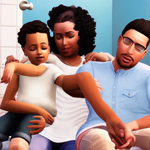 Image similar to Photo of a sims 4 family sitting on the toilet while holding hands, video game, 4k, high quality, wide angle,