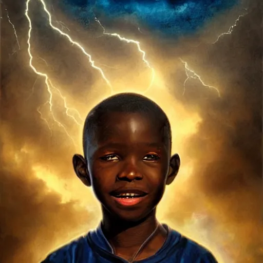 Image similar to upper half portrait of an african boy inside a group of clouds - surrounded by bolts of lightning with rays of light emanating from clouds - in drew struzan movie poster style, art by drew struzan, highly detailed, digital painting, ray tracing, illustration, smooth, sharp focus, intricate, symmetry, artstation,