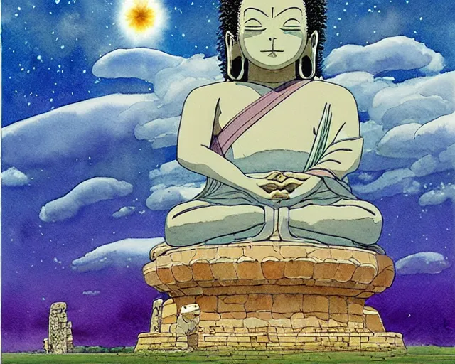 Image similar to a hyperrealist studio ghibli watercolor fantasy concept art of a giant long haired buddha in lotus position in stonehenge with a starry sky in the background. a giant rocket ship from independence day ( 1 9 9 6 ) is floating in the air. by rebecca guay, michael kaluta, charles vess