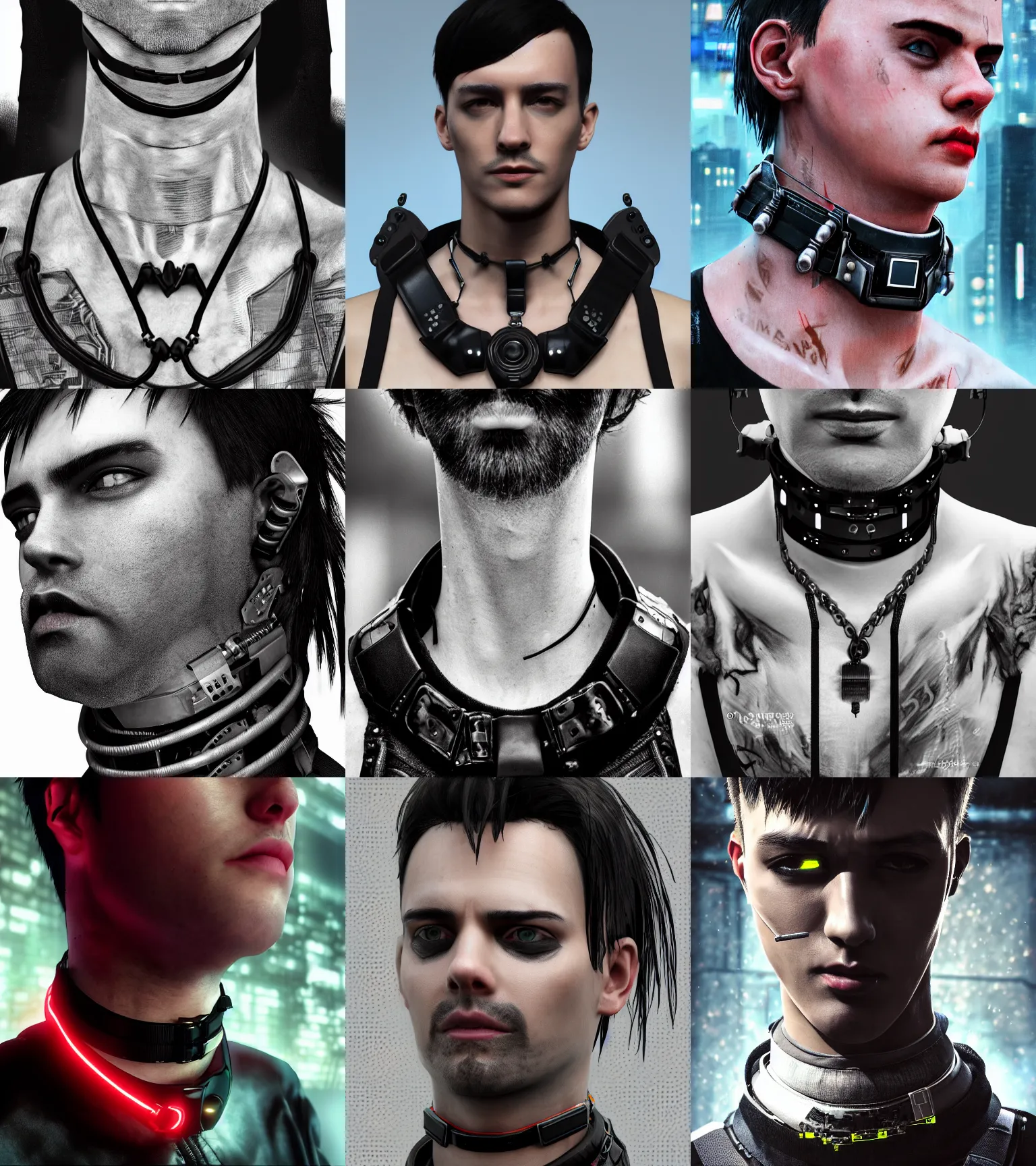 Prompt: detailed realistic male character cyberpunk wearing thick technological collar around neck, realistic, art, beautiful, 4 k, collar, choker, collar around neck, punk, artstation, detailed, male, man, choker, cyberpunk, neon, punk, collar, choker, collar around neck, thick collar, tight around neck, punk,