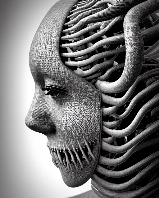 Image similar to mythical black and white organic biomechanical spinal ribbed face portrait detail of mechanical beautiful female vegetal-cyborg, highly detailed, intricate ornate, poetic, 3D render, digital art, octane render, 8K artistic photography, photo-realistic, by Man Ray