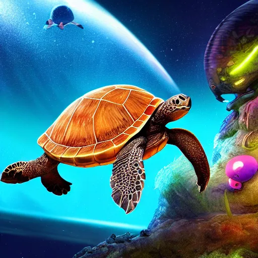 Prompt: giant turtle in space, giant turtle inside water, turtle glacier, 3 d render, high quality image, turtle world, waterbodies, soft, concept art, intricate details, highly detailed, colorful, photorealistic, disney pixar, octane render, iridescent, anime, 8 k