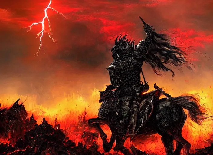 Image similar to a large warrior in full plate of black armor, splattered with blood, riding a large black warhorse, nightmare with red glowing eyes and red glowing mane and tail, blackened clouds cover sky crackling with lightning and rain in the distance, a castle in distance in flames and ruins, the ground is dark and cracked,