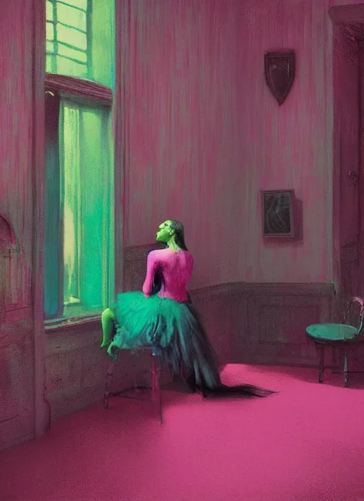 Image similar to eventually even those who avoided the world were drawn into its madness. gothic, rich deep pink, blue and green colours, creepy, mystical, highly detailed and intricate, by francis bacon, edward hopper, adrian ghenie, glenn brown, soft light 4 k, pink and green colour palette, cinematic composition, cinematic lighting, high quality octane render