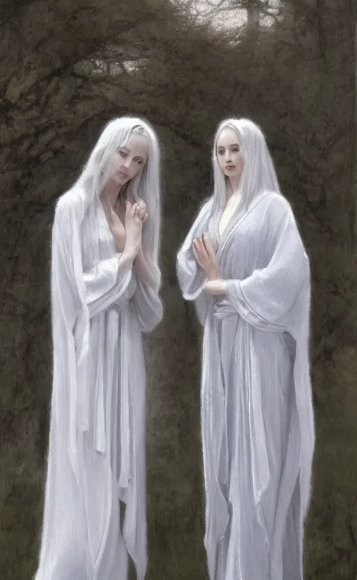 Image similar to single thin angel with silver hair so pale and wan!, thin!, flowing robes, covered in robes, lone pale wan feminine goddess, wearing silver robes, flowing hair, pale skin, young cute face, covered!!, clothed!! oil on canvas, style of lucien levy - dhurmer and jean deville, 4 k resolution, aesthetic!, mystery