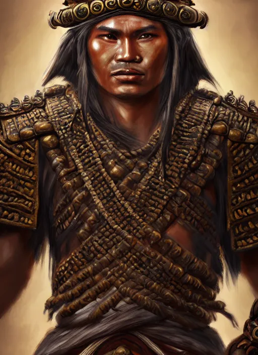 Image similar to tai warlord, closeup portrait, historical, ethnic group, traditional costume, bronze royal thai headset, leather shoulder armor, fantasy, intricate, with tai bronze artifacts, leather armor cross onbare chest, elegant, loin cloth, highly detailed, oill painting, artstation, concept art, matte, sharp focus, illustration, hearthstone, art by earl norem