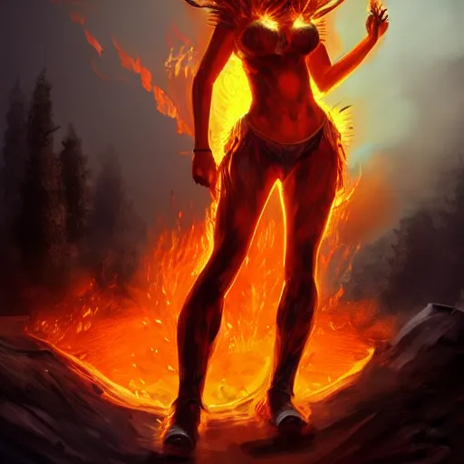 Prompt: Hot fire goddess, skin of flames, body made of fire, wearing armor, rampaging, stormy background, forest fire, breathing fire, fire in hand, concept art, tiny person watching, artstation, 4k