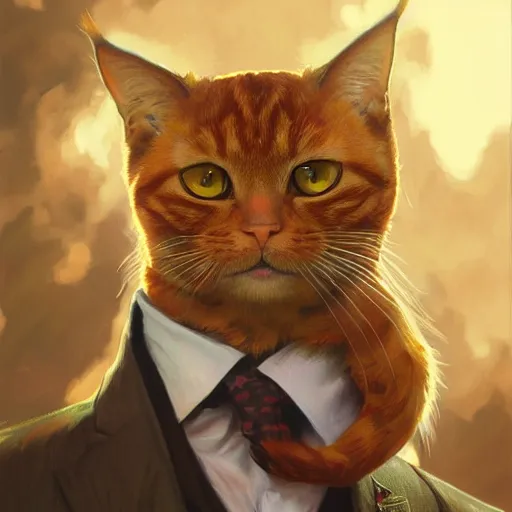 Prompt: ginger cat in a business suit, artists portrait, fantasy, highly detailed, digital painting, concept art, sharp focus, depth of field blur, illustration, art by artgerm and greg rutkowski and alphonse mucha