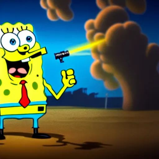 Prompt: high detail full body shot of spongebob squarepants shooting a machine gun with muzzle flash, cinematic framing, cinematic light, hard shadows,