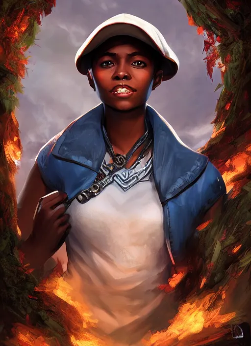 Image similar to An epic fantasy comic book style portrait painting of a young dark skinned girl with short hair dressed as a boy in a cap in the style of the wheel of time, unreal 5, DAZ, hyperrealistic, octane render, cosplay, RPG portrait, dynamic lighting