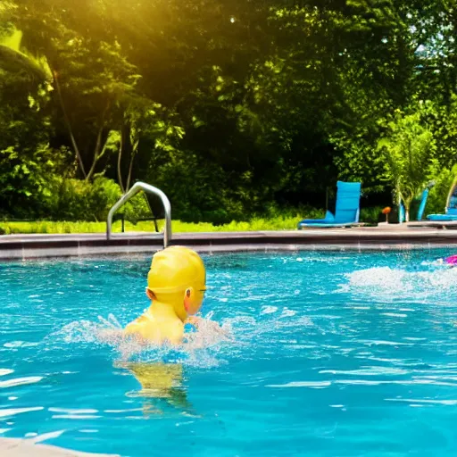 Prompt: swimming pool with yellow water, family splashing in water