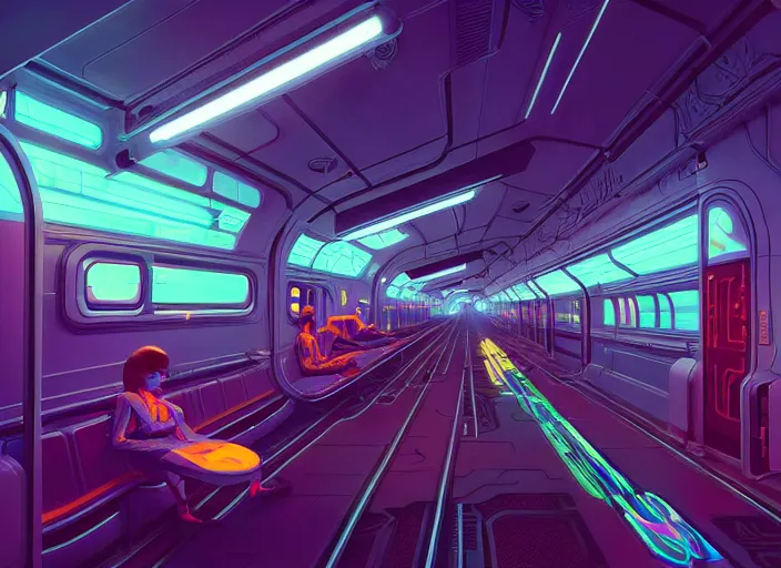 Image similar to a luminescent cyberpunk train by paolo eleuteri serpieri and tomer hanuka and chesley bonestell and daniel merriam and tomokazu matsuyama, unreal engine, high resolution render, featured on artstation, octane, 8 k, highly intricate details, vivid colors, vector illustration