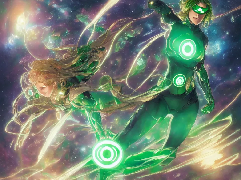 Image similar to anime key visual of one beautiful female green lantern, dc comics, power, hope, glowing, intricate, in space, stunning, highly detailed, digital painting, artstation, smooth, hard focus, illustration, art by artgerm and greg rutkowski and alphonse mucha