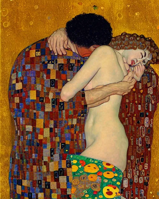 Image similar to homer and marge are in love, painting by gustav klimt, gold leaf on wood