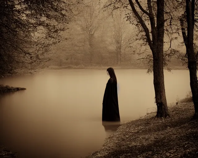 Image similar to lake by Andrei Tarkovsky, lady in long dress, mist, lomography effect, photo, monochrome, photo blurring, 35mm