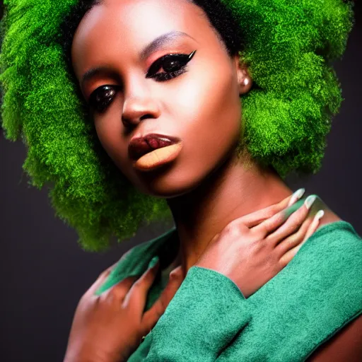 Image similar to a realistic model photoshoot of a black girl with green afro hair, beautiful, model, professional picture, realistic, 4 k, bright light, portrait