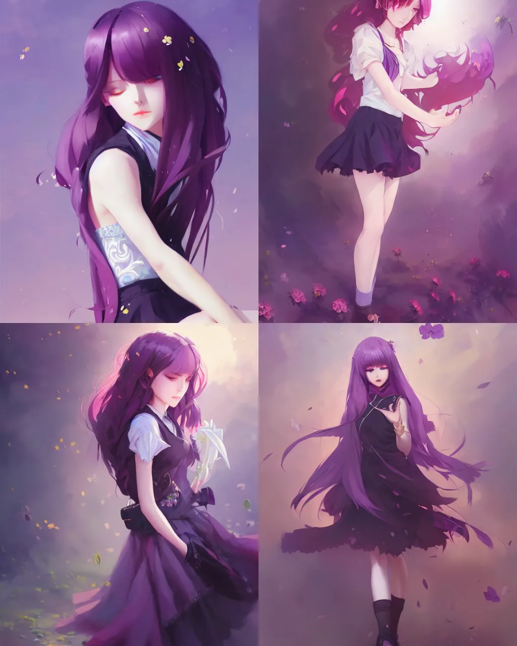 Prompt: girl with purple hair and black skirt, flower decoration on the background, a beautiful half body illustration, top lighting, perfect shadow, soft painting, art by hidari and krenz cushart and wenjun lin