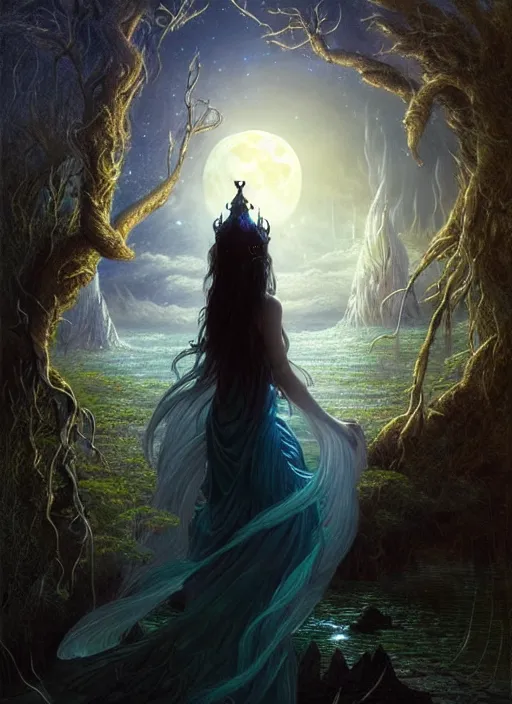 Image similar to fantasy book cover, full moon, fantasy bayou landscape, goddess in a flowing dress in the middle, back view, iridescent elements, fantasy magic, dark light night, intricate, elegant, sharp focus, illustration, highly detailed, digital painting, concept art, matte, art by wlop and artgerm and greg rutkowski and albert bierstadt, masterpiece