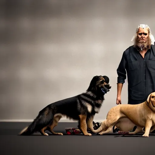 Image similar to a picture of an old man with 2 giant dogs next to him living in a small messy apartment, German shepard and a golden retriever, midwestern redneck life, sharp edges, realistic image, 8k UHD, arnold render, realism, dramatic, HD, high details, poverty