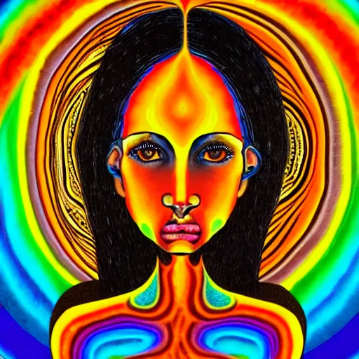 Image similar to tan latina woman, landscape, entering third dimension, eating third eye, prominent rosy cheek bones, black hair and brown eyes, psychedelic di vinci art style,