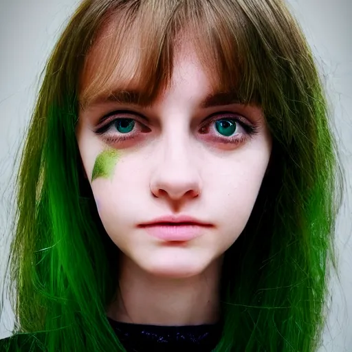 Prompt: brunette with dyed blonde hair, 18 years old, 155 cm tall, long wavy hair, green big eyes, small nose, small mouth, round shaped face, big forehead, lop eared, full body shot, thin eyebrows, real life photograph