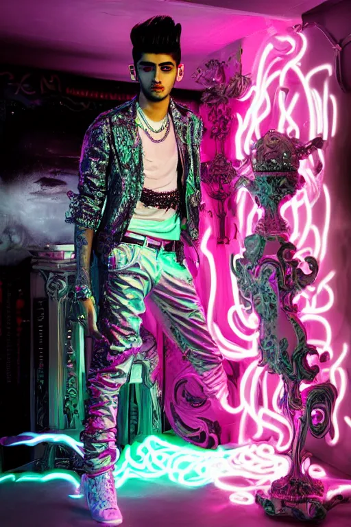 Image similar to full-body rococo and cyberpunk style neon statue of a young attractive Zayn Malik wearing cholo shades macho dotado e rico android sim roupa reclining con las piernas abertas e la piroca dura, ethereal white dripping tar, glowing white lasers, pink tigers, glowing eyes, silver prince crown, black gears, pink diamonds, swirling mint-colored silk fabric. futuristic elements. full-length view. human skulls. large intricate artwork by caravaggio. Trending on artstation, octane render, cinematic lighting from the right, hyper realism, octane render, 8k, depth of field, 3D