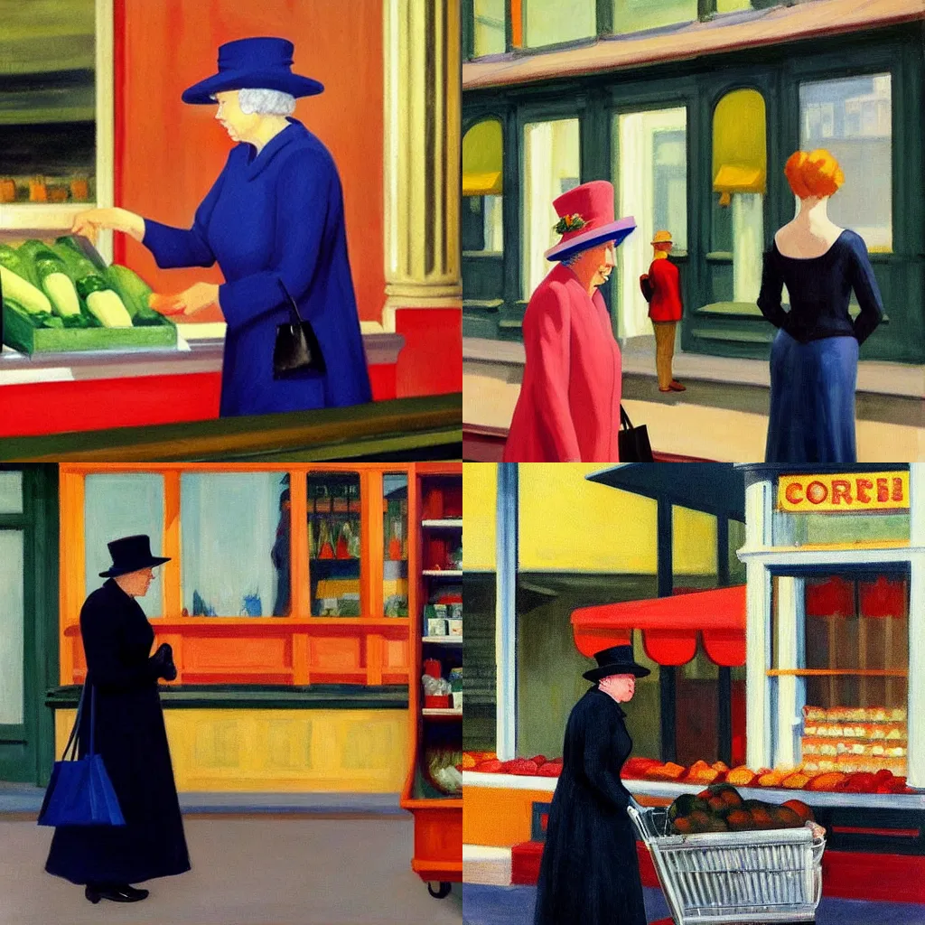 Prompt: Queen Elizabeth buying groceries, painting by Edward Hopper