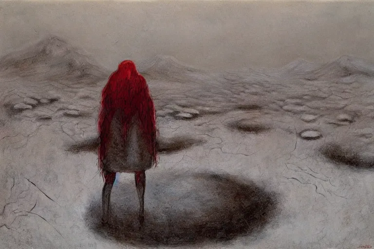 Image similar to a surrealist painting of a lonely woman with pale skin and red hair, standing over pile of bodies in post apocalyptic snowy landscape, painted by zdzisław beksinski