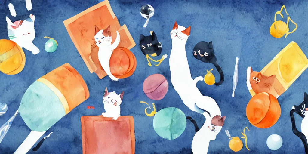 Prompt: watercolor illustration style, cute! cats!! training in the fitness studio, sports equipment laying around!