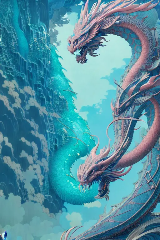 Image similar to a beautiful hyperdetailed character design 4 k wallpaper illustration of a huge cyan dragon, victo ngai style, from china, style of studio ghibli, makoto shinkai, raphael lacoste, louis comfort tiffany, denoise, deblurring, artgerm, xision, james jean, ross tran, chinese style