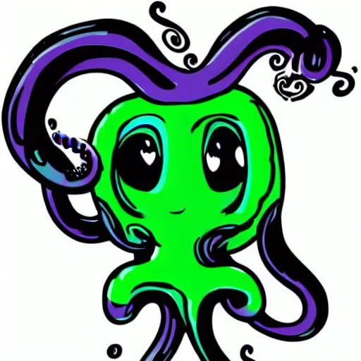 Prompt: a cute digital art of black ink slime in form of liquid black cat with tentacles , cartoon sticker illustration , dnd slime art