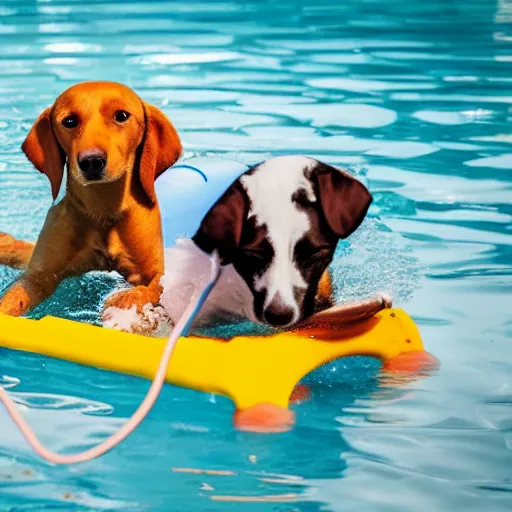 Prompt: a dog in a pool with a toy boat on the top of the dog's head, realistic, highly detailed, photo, 4k