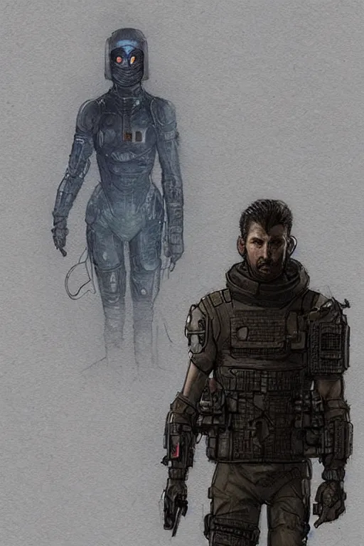 Image similar to kim. blackops mercenary in near future tactical gear, stealth suit, and cyberpunk headset. Blade Runner 2049. concept art by James Gurney and Mœbius.