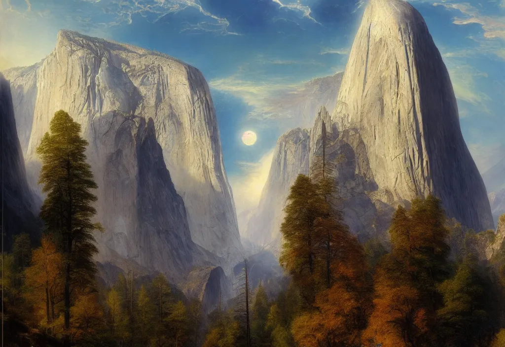 Prompt: el capitan in yosemite a beautiful matte painting trending on artstation, single waterfall, moon by thomas moran and james gurney and thomas kincade, hyperdetailed